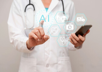 Close up of Doctor interacts with AI interface technology for healthcare innovation and medical care efficiency