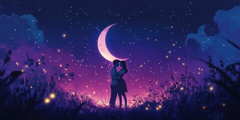 Couple embraces under the magical moonlit starry sky