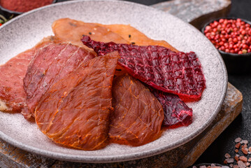 Jerky, dried pork meat with salt and spices
