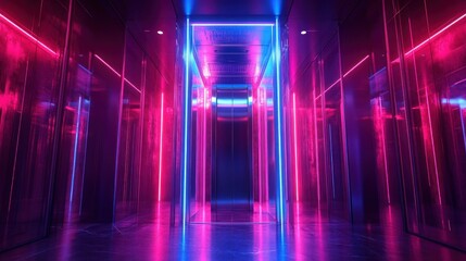 Neon hallway with mirrored walls, vibrant colors, empty space, and modern design
