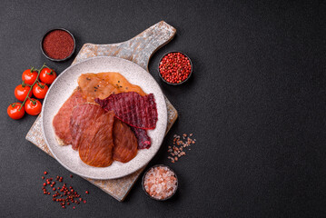 Jerky, dried pork meat with salt and spices