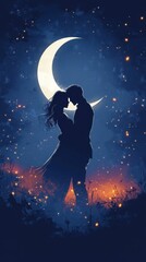 Couple embraces beneath glowing crescent moon in a starry sky