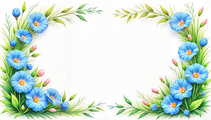 Obraz premium Elegant blue morning glories framing white space, artistic elegance