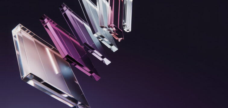 3d abstract glass transparent square shapes flying on black background render. Iridescent crystal plates, acrylic or plastic panels with light hologram gradient, digital tech banner. 3D illustration
