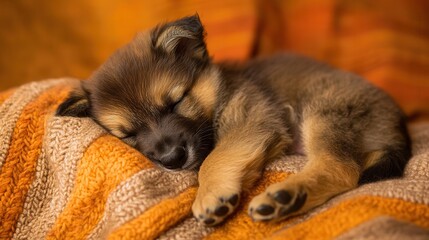 Obraz premium A peaceful puppy lies asleep on a cozy blanket, resting its head comfortably on a soft pillow, embodying tranquility and innocence.