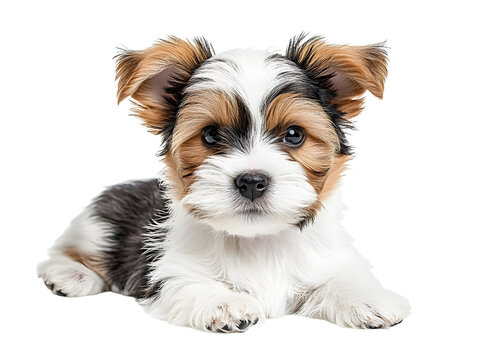 Very cute Biewer Terrier dog pup, laying facing front. Looking straight to camera. Isolated cutout on a transparent background.