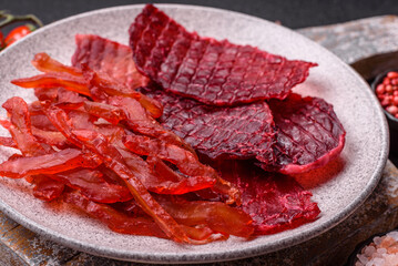 Dried beef slices, jerky, with cherry or plum flavor, salt and spices