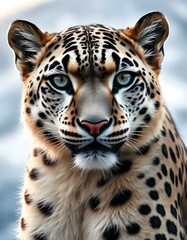Fototapeta premium Male Snow Leopard with Piercing Eyes and Rich Fur Texture in Mountainous Setting