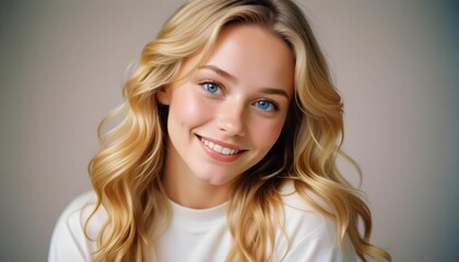 Naklejka premium Stylish Swedish girl with wavy blonde hair and a confident smile posing in soft natural lighting