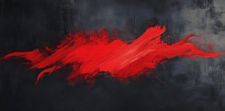 Abstract painting features bold red streak against a dark background