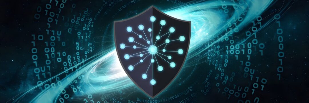 Glowing neural network shield with binary code and space background