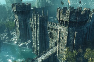 A fortified medieval castle with towering stone walls and a drawbridge over a deep moat