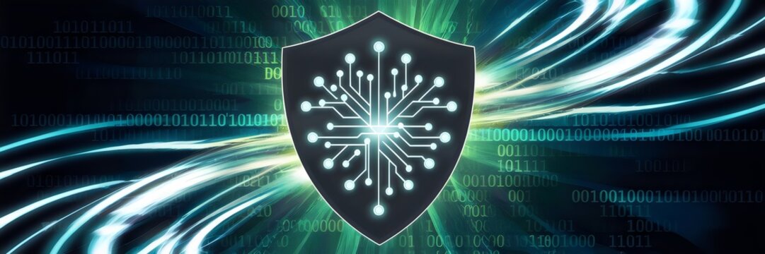 Shield with glowing neural network design and binary code