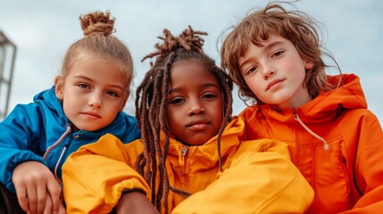 Three girls, diverse in ethnicity, huddle together in bright outerwear, creating a vibrant and cheerful image.