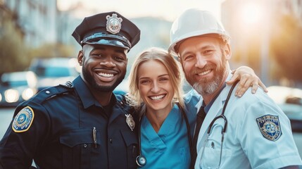 Three smiling professionals: a police officer, a nurse, and a construction worker. International Workers Day.
