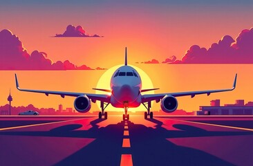 airplane on runway at sunset, wings spread out, sunlit sky background. Concept of aviation, travel, adventure, flying into the sunset