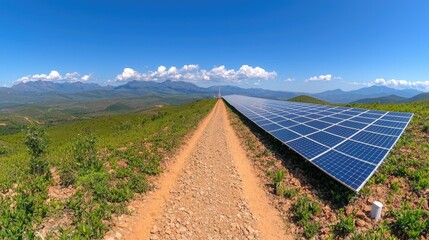 Solar Panel Farm on Mountainside Trail, Sunny Day