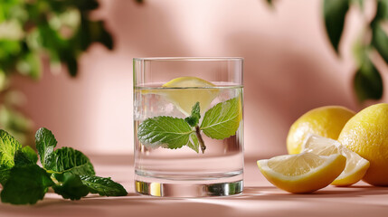 Fototapeta premium A glass of water with floating mint leaves and a lemon slice, placed on a soft pastel background with a blank space for a health message.