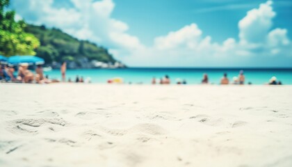 Fototapeta premium Stunning White Sand Beach With A Busy Crowd, Ideal For Summer Vacation With Space For Copy. Enjoy The Serene Atmosphere.