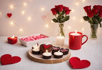 Romantic still life with wine glasses, candle, roses, fresh flowers, and soft lighting. Perfect for love, wedding, and Valentine's themes. Elegant and dreamy atmosphere.