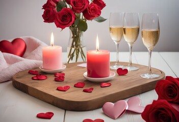 Romantic still life with wine glasses, fresh flowers, and soft lighting. Perfect for love, wedding, and Valentine's themes. Elegant and dreamy atmosphere.