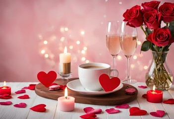 Romantic still life with wine glasses, fresh flowers, and soft lighting. Perfect for love, wedding, and Valentine's themes. Elegant and dreamy atmosphere.