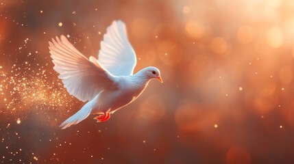 White dove in flight, bathed in warm, golden light. Peaceful, serene.