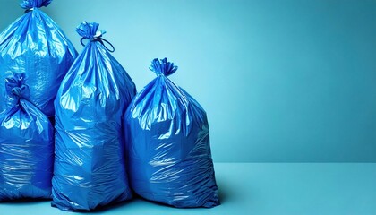 Garbage bags stacked against a blue background in a clean indoor environment