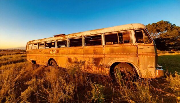 Old rusty bus abandoned in a field at sunset in the countryside
