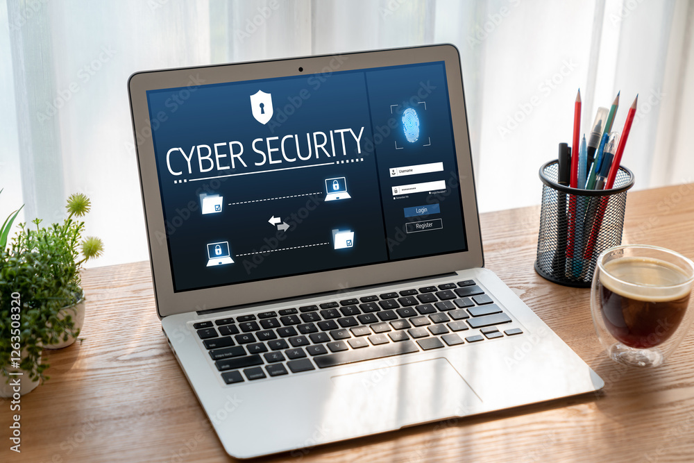 Poster cyber security system on computer screen protect private information snugly from hacker and cyber at