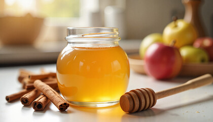 Jar of honey with cinnamon sticks, fresh apples in a cozy kitchen setting