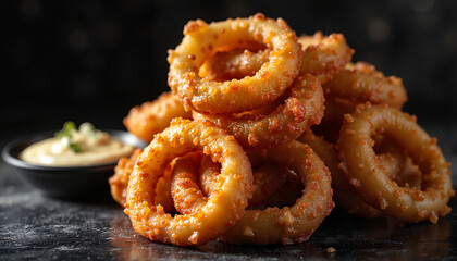 Crispy onion rings with dipping sauce, delicious snack presentation