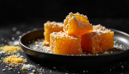 Honeycomb pieces on a black plate with granules, artistic culinary presentation
