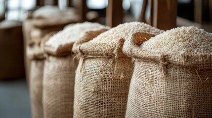 Obraz premium Close-up of burlap sacks filled with rice in a warehouse setting.