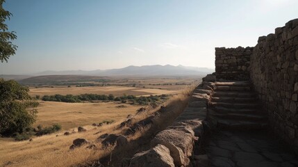 Ancient stone steps overlook vast dry landscape