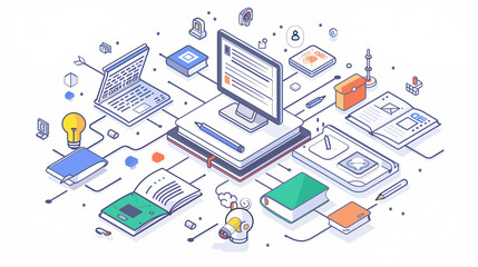 Fototapeta premium Isometric illustration of digital learning and online education tools