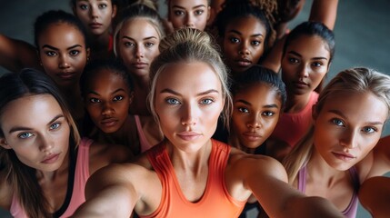 Obraz premium A diverse group of young women, all smiles and confidence. A powerful selfie showcasing unity and strength.