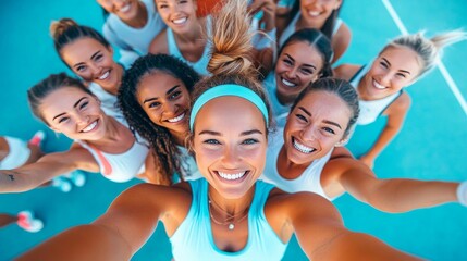 Obraz premium Happy, diverse group of women athletes taking a selfie after a workout.