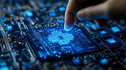Close-up of a finger interacting with a glowing circuit board, showcasing technological advancement.