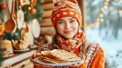 Russian Maslenitsa holiday. Smiling young woman in a cozy winter hat and scarf holds a plate of pancakes.