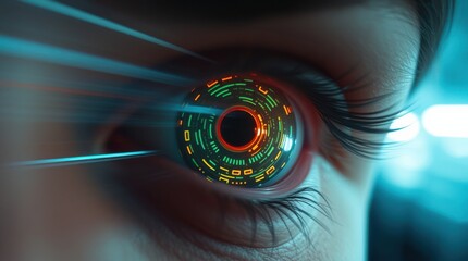 Futuristic eye with digital overlay displays technological integration and enhanced vision of the future.