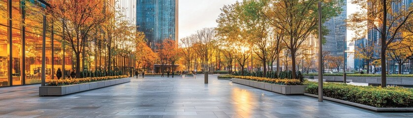 Naklejka premium Autumn cityscape plaza, sun setting, urban park, business district