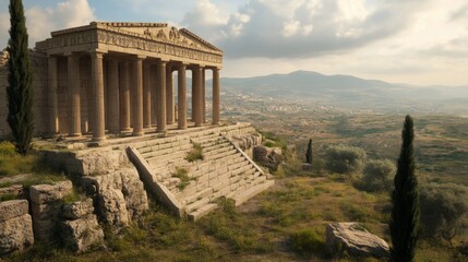 Ancient Temple Hilltop Vista Sunset Over Valley