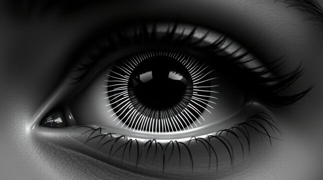 Monochrome close-up of a striking eye with radial line patterns, blending the human form with abstract art.