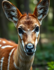 Female bongo with vibrant coat and captivating eyes against a softly blurred forest backdrop