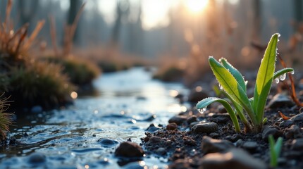 Fototapeta premium A serene landscape with a stream or river, showing the first signs of spring