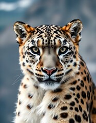 Fototapeta premium Intimate Portrait of Male Snow Leopard with Striking Features and Powerful Gaze