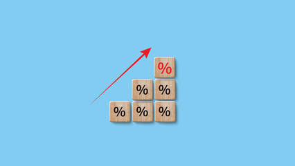 Financial, stocks, interest rate and GDP percent change, wooden block with percentage sign and...