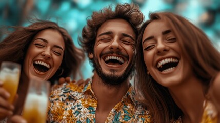 Three young friends laugh together, enjoying a sunny day and drinks.