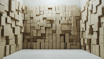 Obraz premium Stacked Cardboard Box Wall In White Room: A Commentary On Delivery, Consumerism, And Excess Production Through Mock-Up Rendering